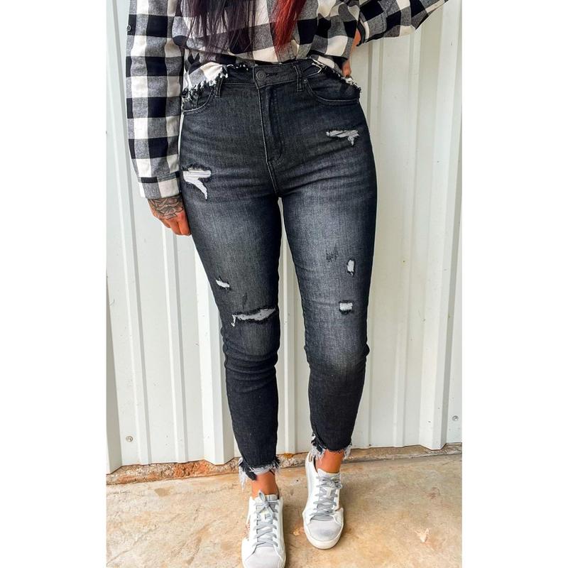 Risen High Rise Relaxed Fit Distressed Skinny Jeans